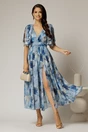 Rochie DY Fashion din voal creponat cu imprimeuri albastre si funde ample pe umeri, 1, dyfashion.ro