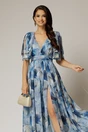 Rochie DY Fashion din voal creponat cu imprimeuri albastre si funde ample pe umeri, 3, dyfashion.ro