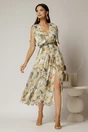 Rochie DY Fashion din voal creponat cu imprimeuri galbene si funde ample pe umeri, 3, dyfashion.ro