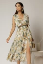 Rochie DY Fashion din voal creponat cu imprimeuri galbene si funde ample pe umeri, 1, dyfashion.ro