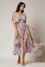 Rochie DY Fashion din voal creponat cu imprimeuri lila si funde ample pe umeri, 3, dyfashion.ro