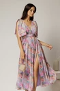 Rochie DY Fashion din voal creponat cu imprimeuri lila si funde ample pe umeri, 1, dyfashion.ro