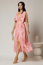 Rochie DY Fashion din voal creponat cu imprimeuri roz si funde ample pe umeri, 3, dyfashion.ro