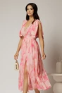 Rochie DY Fashion din voal creponat cu imprimeuri roz si funde ample pe umeri, 1, dyfashion.ro