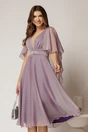 Rochie DY Fashion din voal lila in V capa si accesoriu in talie, 1, dyfashion.ro