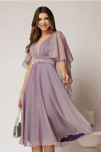 Rochie DY Fashion din voal lila in V capa si accesoriu in talie