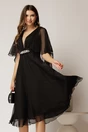 Rochie DY Fashion din voal negru in V capa si accesoriu in talie, 1, dyfashion.ro