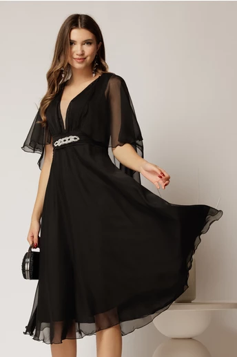 Rochie DY Fashion din voal negru in V capa si accesoriu in talie