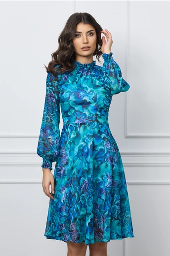 Rochie Dy Fashion din voal turcoaz cu imprimeu floral albastru