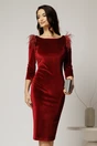 Rochie DY Fashion eleganta din catifea burgundy cu pene la umeri, 1, dyfashion.ro