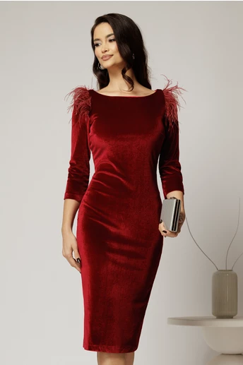Rochie DY Fashion eleganta din catifea burgundy cu pene la umeri