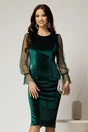 Rochie DY Fashion eleganta din catifea verde cu maneci din tull cu buline, 1, dyfashion.ro