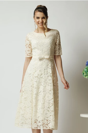 Rochie DY Fashion eleganta din dantela ivory cu maneci scurte