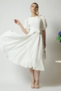 Rochie DY Fashion eleganta din stofa alba cu funda in talie