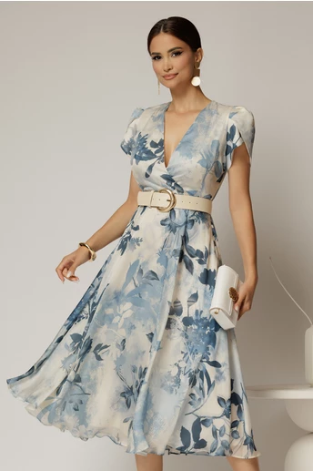 Rochie DY Fashion eleganta din voal satinat cu imprimeuri albastre
