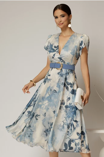 Rochie DY Fashion eleganta din voal satinat cu imprimeuri albastre