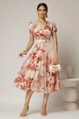Rochie DY Fashion eleganta din voal satinat cu imprimeuri caramizii, 3, dyfashion.ro