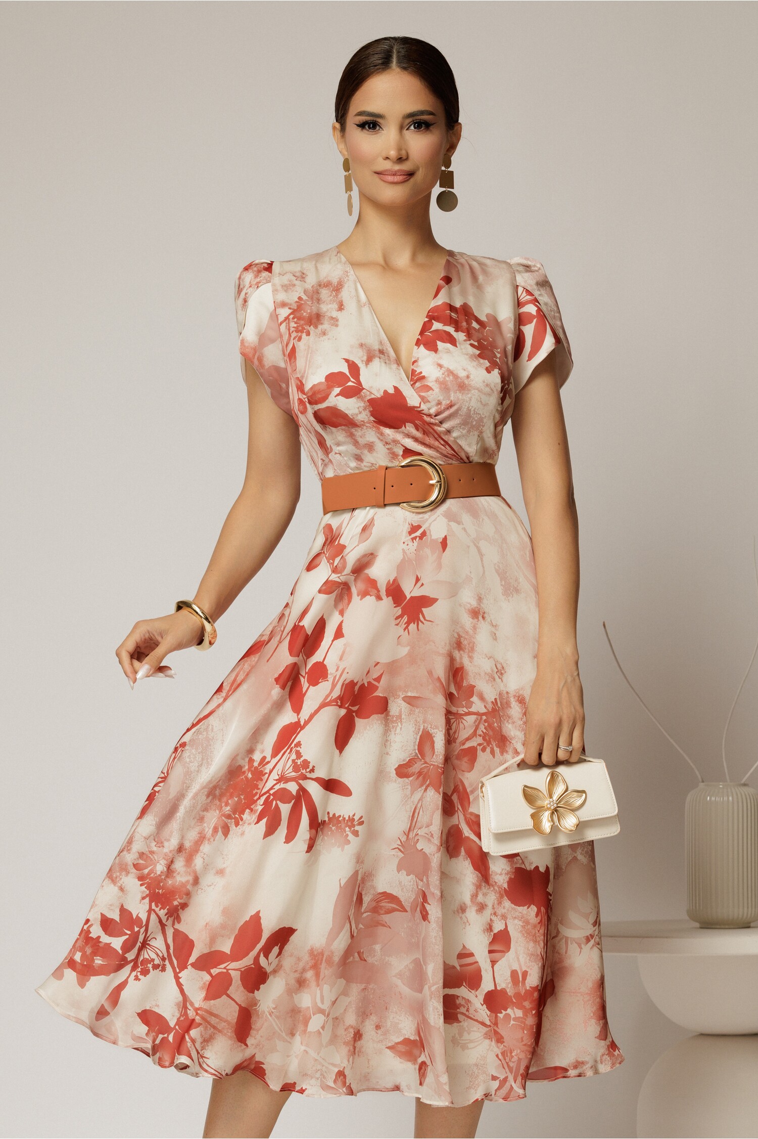 Rochie DY Fashion eleganta din voal satinat cu imprimeuri caramizii