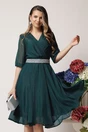 Rochie DY Fashion eleganta din voal verde inchis cu fir stralucitor si cordon, 1, dyfashion.ro