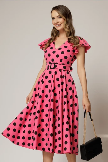 Rochie DY Fashion fucsia cu buline si curea in talie