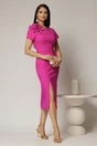 Rochie DY Fashion fucsia midi conica cu crepeu si trandafir maxi la decolteu, 3, dyfashion.ro