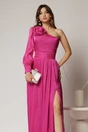 Rochie DY Fashion fucsia pe un umar cu detaliu floral amplu din voal peliculizat, 3, dyfashion.ro
