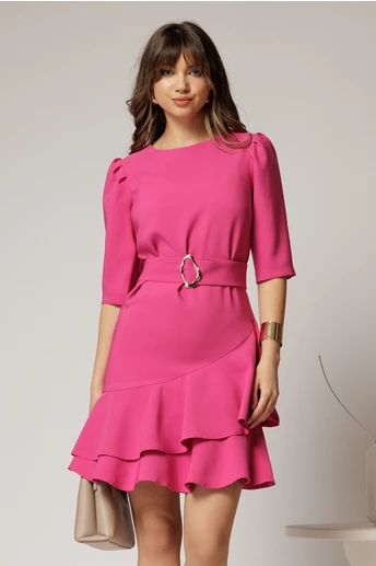 Rochie DY Fashion fucsia scurta cu volanase pe fusta si cordon detasabil