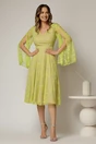 Rochie DY Fashion galben lime din dantela cu maneci lungi crapate si decolteu in V, 3, dyfashion.ro