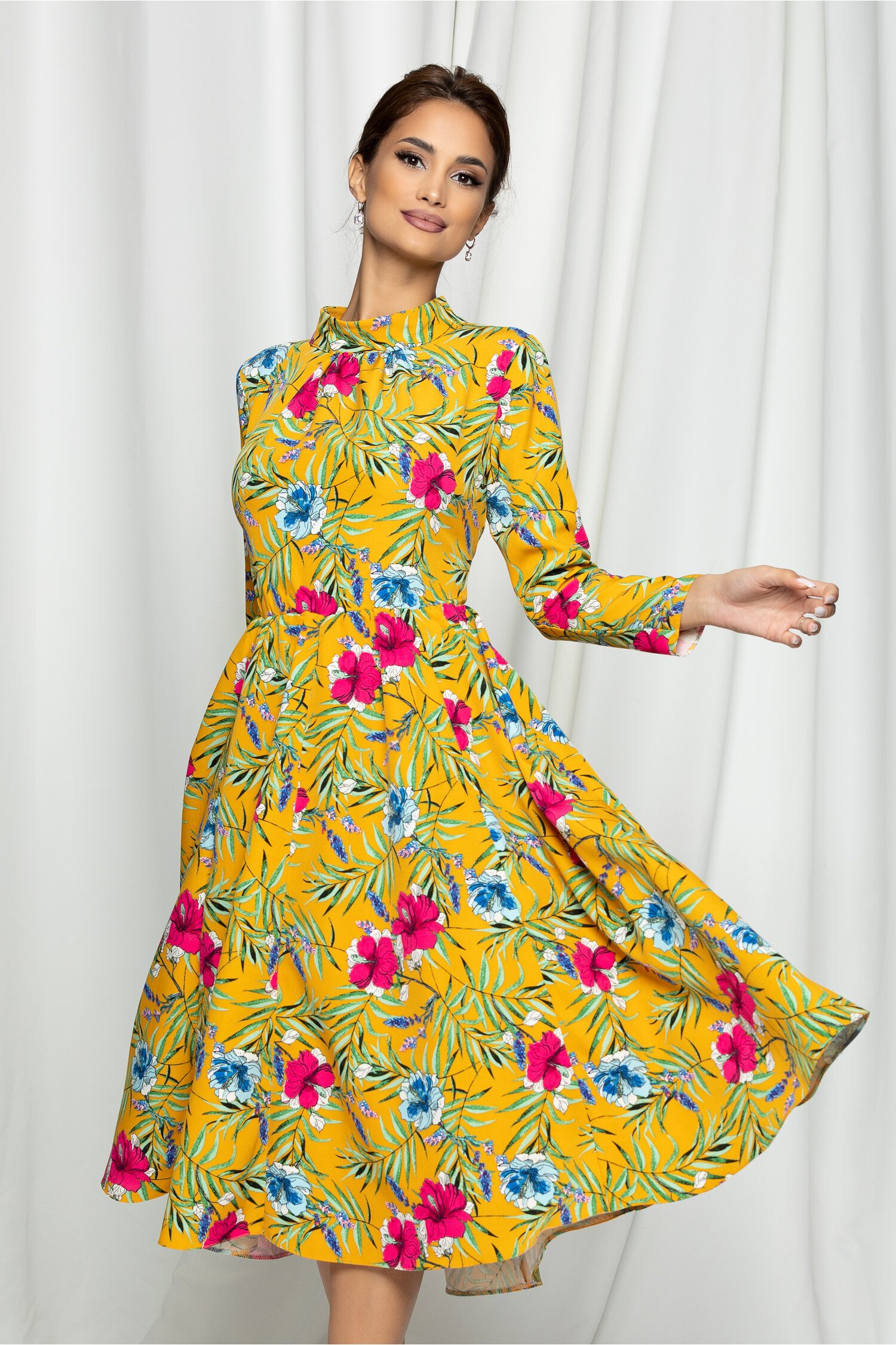 Rochie Dy Fashion galben midi cu imprimeu floral multicolor dyfashion.ro imagine megaplaza.ro