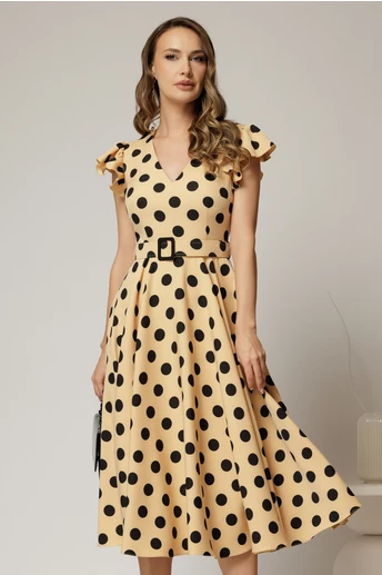 Rochie DY Fashion galben pai cu buline si curea in talie