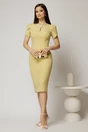 Rochie DY Fashion galben pal conica cu maneci scurte lalea si accesoriu la decolteu, 3, dyfashion.ro