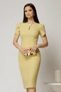 Rochie DY Fashion galben pal conica cu maneci scurte lalea si accesoriu la decolteu, 1, dyfashion.ro