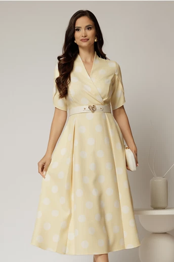 Rochie DY Fashion galbena cu buline cu decolteu si maneci petrecute