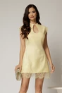 Rochie DY Fashion galbena cu decolteu adanc rotund si dantela pe fusta, 1, dyfashion.ro