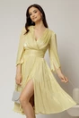 Rochie DY Fashion galbena de ocazie din voal peliculizat cu maneci crapate, 1, dyfashion.ro
