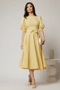 Rochie DY Fashion galbena din stofa in clos cu funda in talie, 3, dyfashion.ro