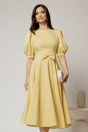 Rochie DY Fashion galbena din stofa in clos cu funda in talie, 1, dyfashion.ro