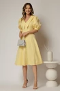 Rochie DY Fashion galbena in clini cu guler ascutit si maneci scurte bufante, 3, dyfashion.ro