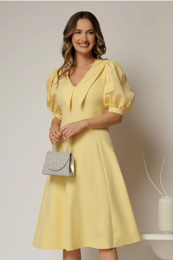 Rochie DY Fashion galbena in clini cu guler ascutit si maneci scurte bufante