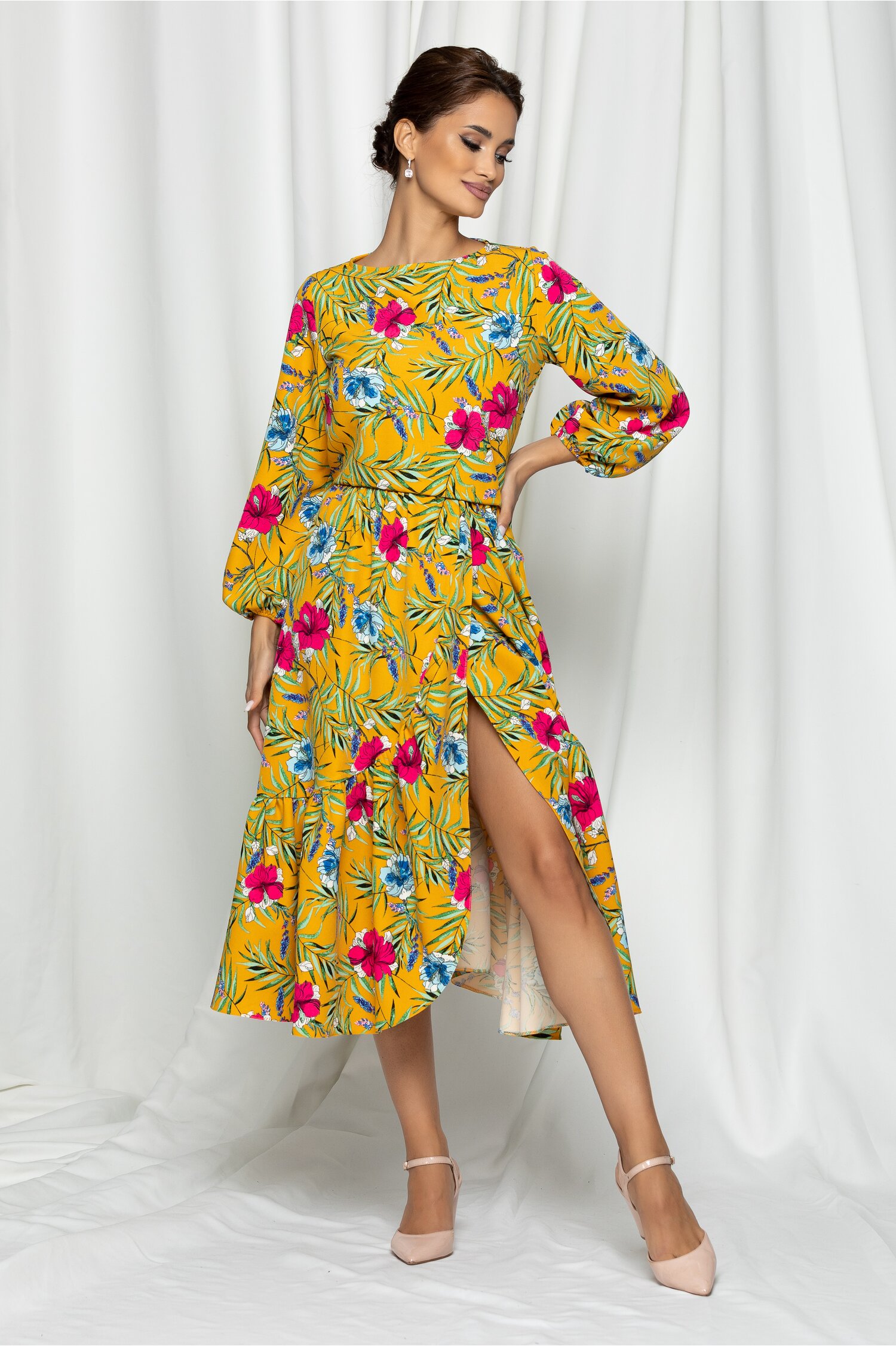 Rochie Dy Fashion galbena midi cu imprimeu floral si fusta petrecuta dyfashion.ro imagine 2022 13clothing.ro
