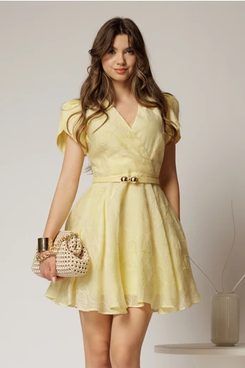 Rochie DY Fashion galbena scurta cu broderii florale si decolteu petrecut
