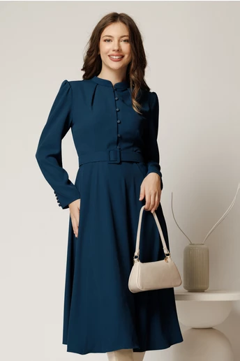 Rochie DY Fashion turcoaz din triplu voal cu nasturi pe bust si curea in talie