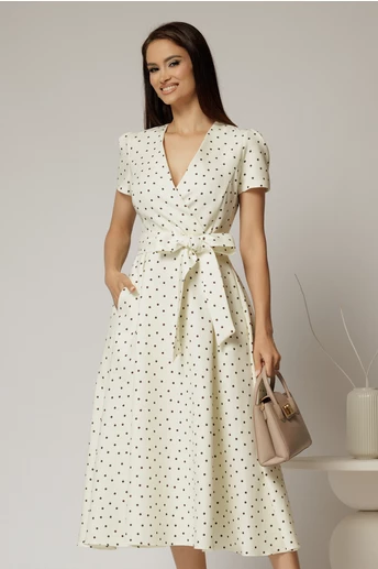 Rochie DY Fashion ivoar cu buline cu decolteu petrecut si cordon in talie