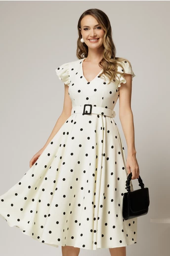 Rochie DY Fashion ivoar cu buline si curea in talie