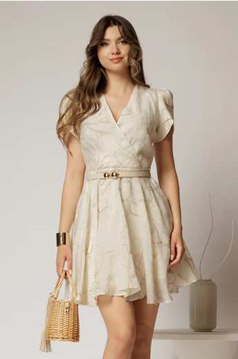 Rochie DY Fashion ivoar scurta cu broderii florale si decolteu petrecut