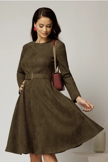 Rochie DY Fashion kaki clos din piele intoarsa si curea in talie
