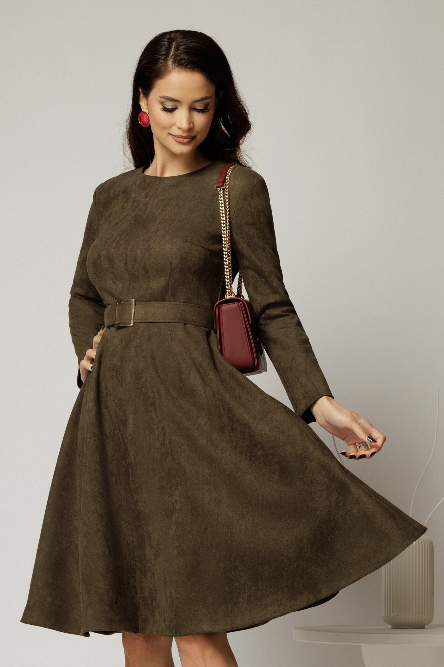 Rochie DY Fashion kaki clos din piele intoarsa si curea in talie