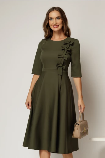 Rochie DY Fashion kaki cu funde pe bust si maneci trei sferturi