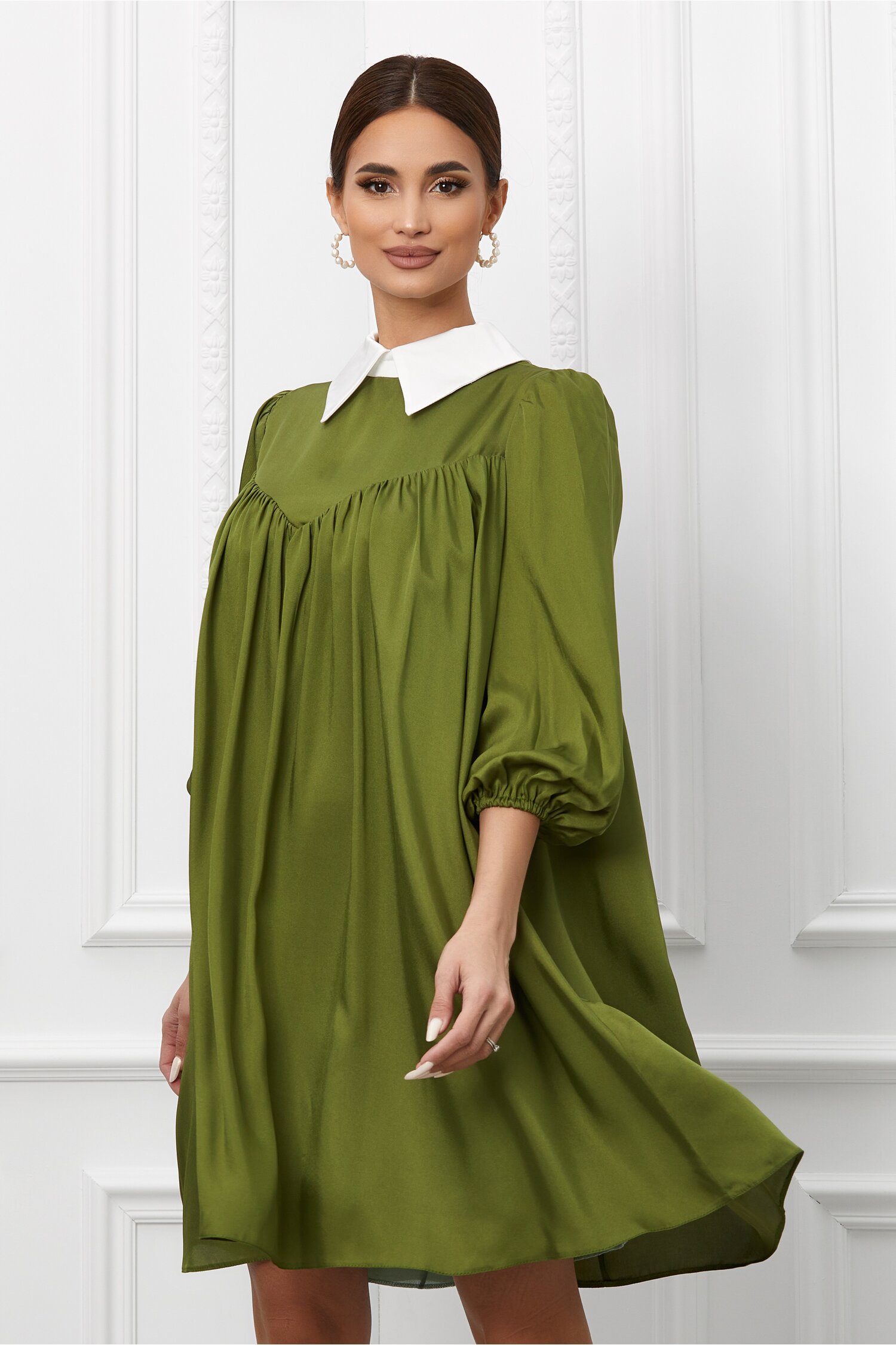 Rochie dy fashion kaki cu guler ascutit
