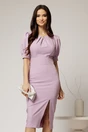 Rochie DY Fashion lila conica cu maneci bufante scurte si detaliu la decolteu, 1, dyfashion.ro